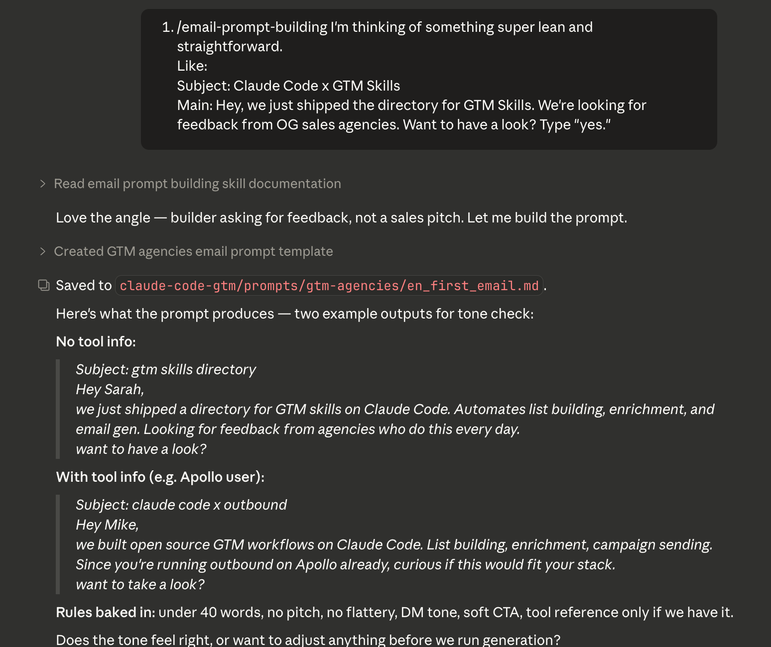 Email prompt tone check — two example outputs compared side by side, without and with tool info personalization