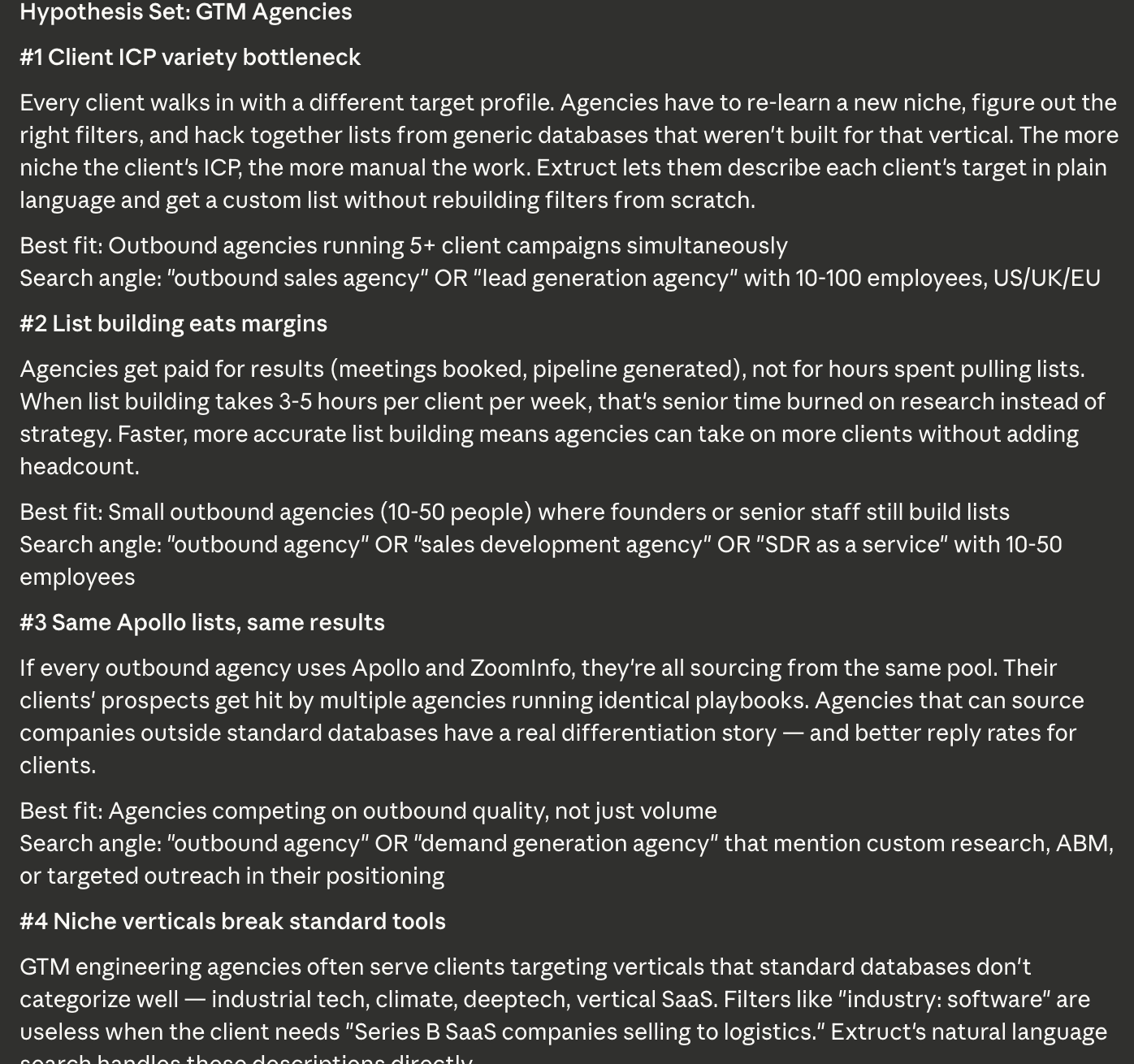 Hypothesis set for GTM Agencies — four pain hypotheses with search angles