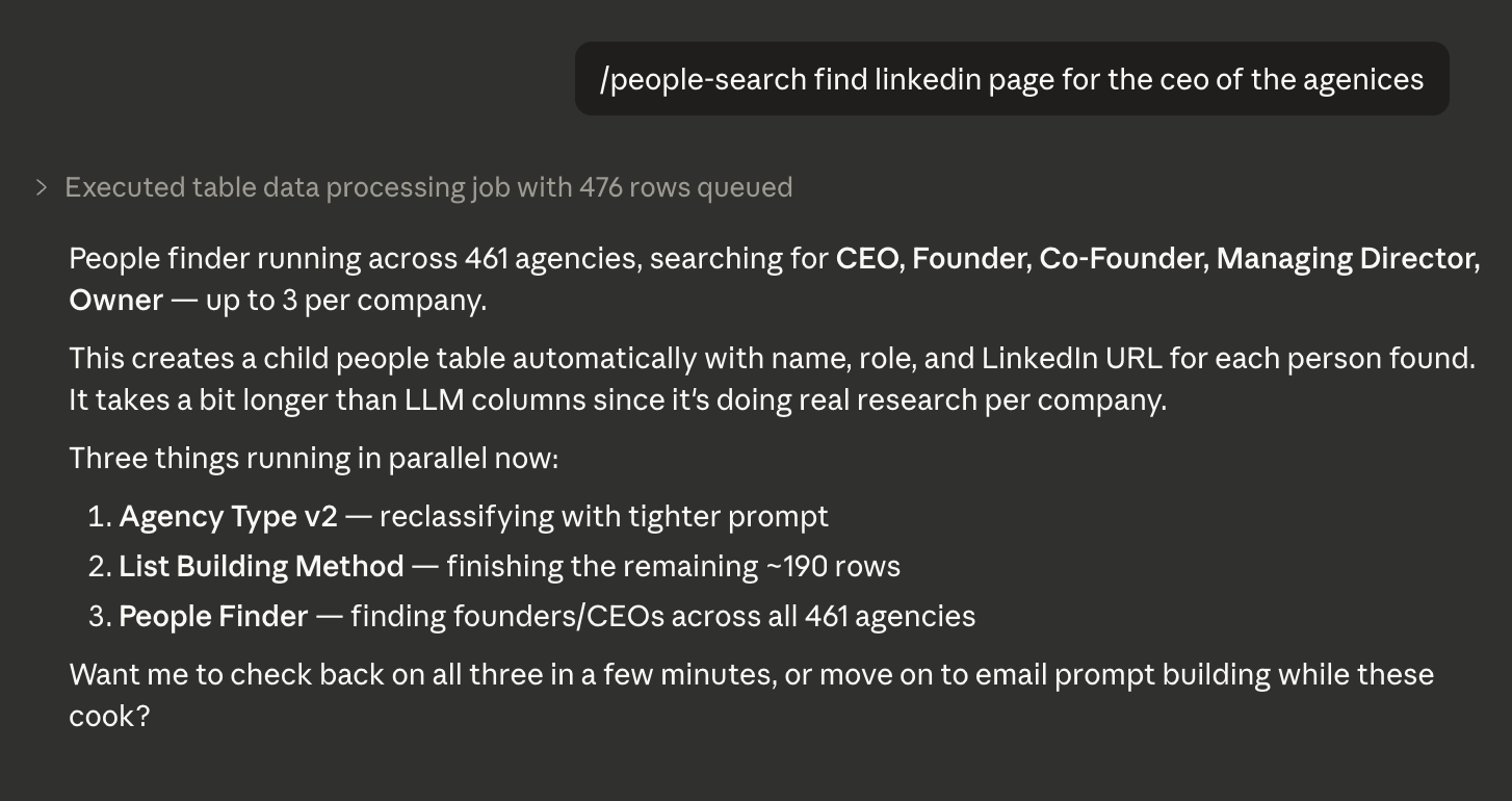 People finder running across 461 agencies, searching for CEO, Founder, Co-Founder, and Managing Director — with enrichment columns running in parallel