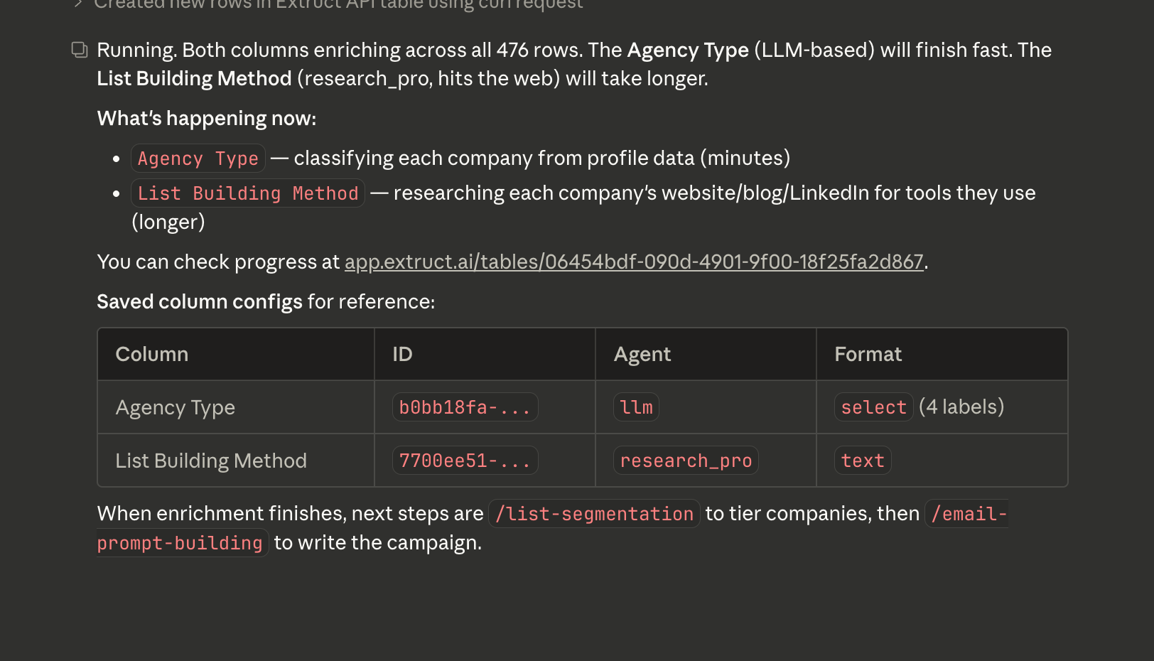 Enrichment running — Agency Type (select labels) and List Building Method (research_pro) columns across 476 rows, with progress tracking