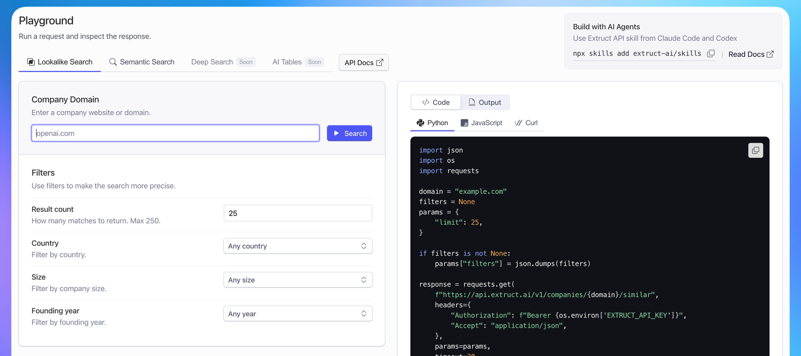 API Playground - test endpoints and grab code snippets