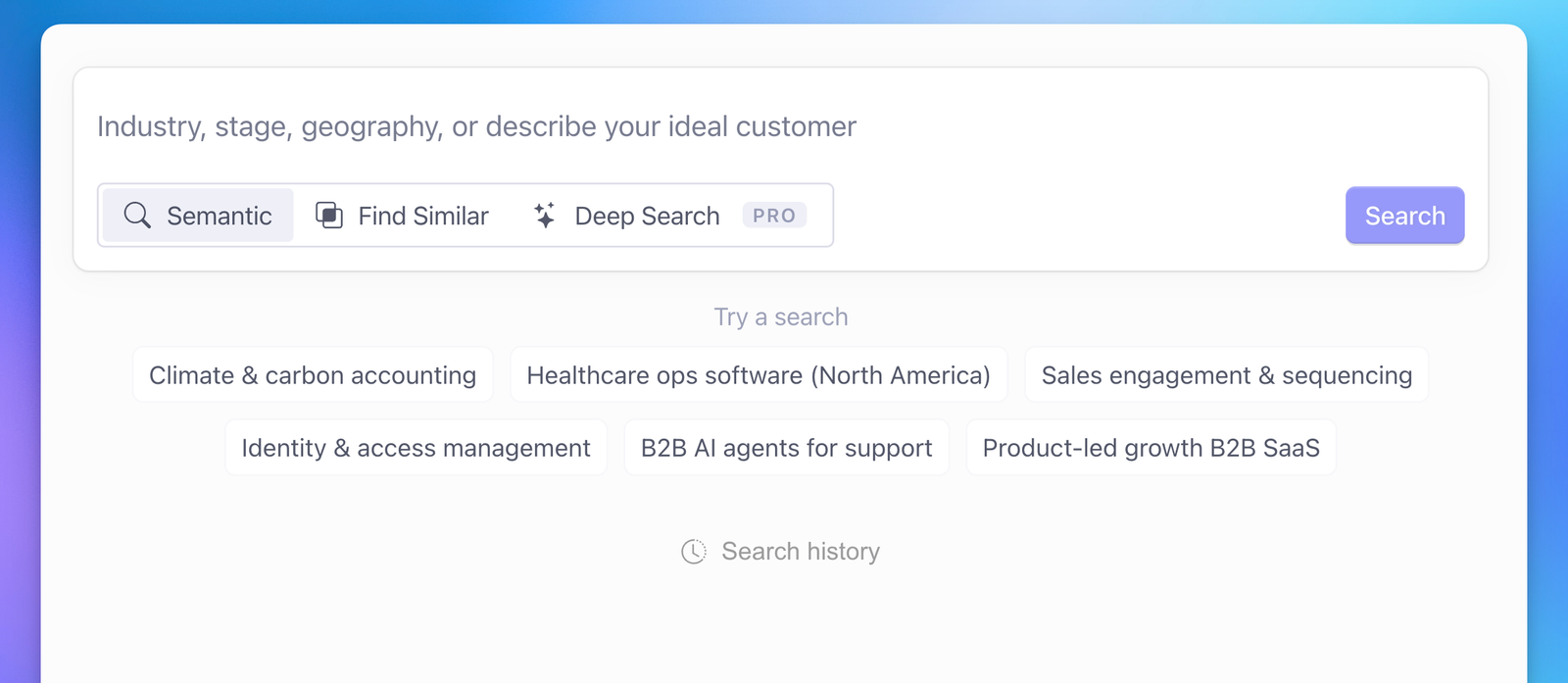 Search-first UI with suggestion chips
